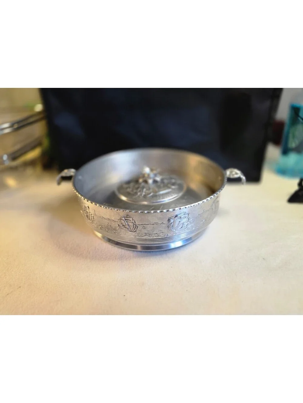 Vintage Forman 4 Ware Aluminum Covered Casserole Glass Insert Sailing Ships